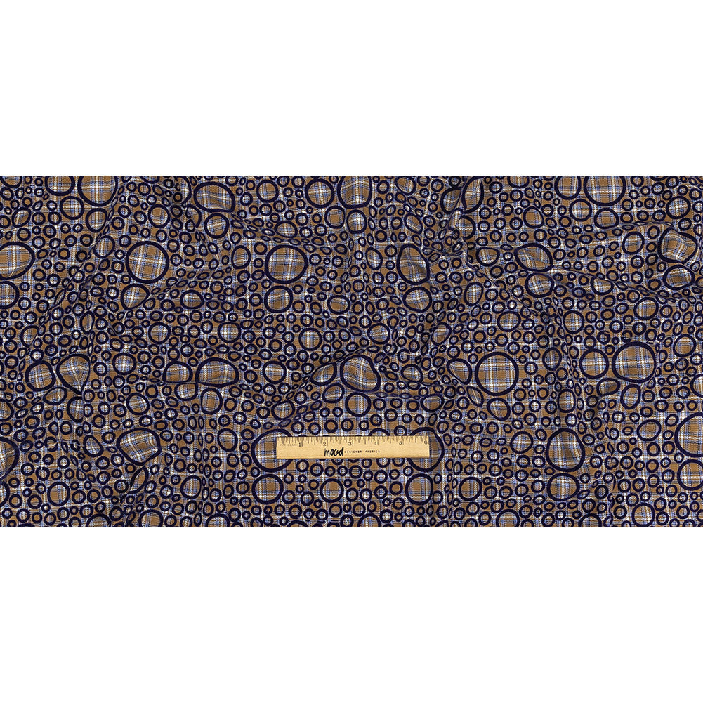 Tan, White and Navy Flocked Circles on Plaid Rustic Cotton and Polyester Woven Drape Tan, White and Navy Flocked Circles on Plaid Rustic Cotton and Polyester Woven Drape