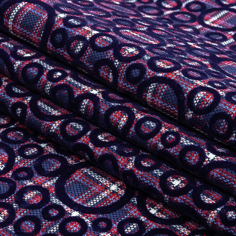 Estate Blue, Red and Navy Flocked Circles on Plaid Rustic Cotton and Polyester Woven Folded Estate Blue, Red and Navy Flocked Circles on Plaid Rustic Cotton and Polyester Woven Folded