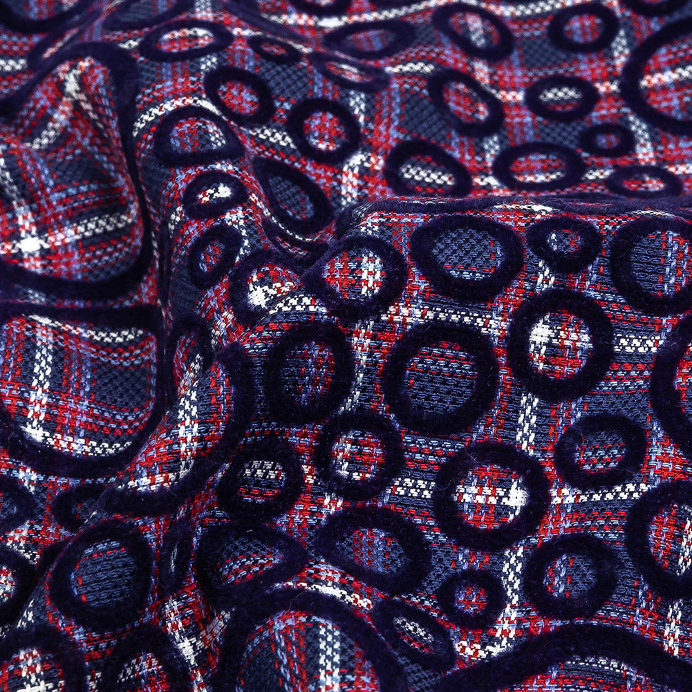 Estate Blue, Red and Navy Flocked Circles on Plaid Rustic Cotton and Polyester Woven Detail Estate Blue, Red and Navy Flocked Circles on Plaid Rustic Cotton and Polyester Woven Detail