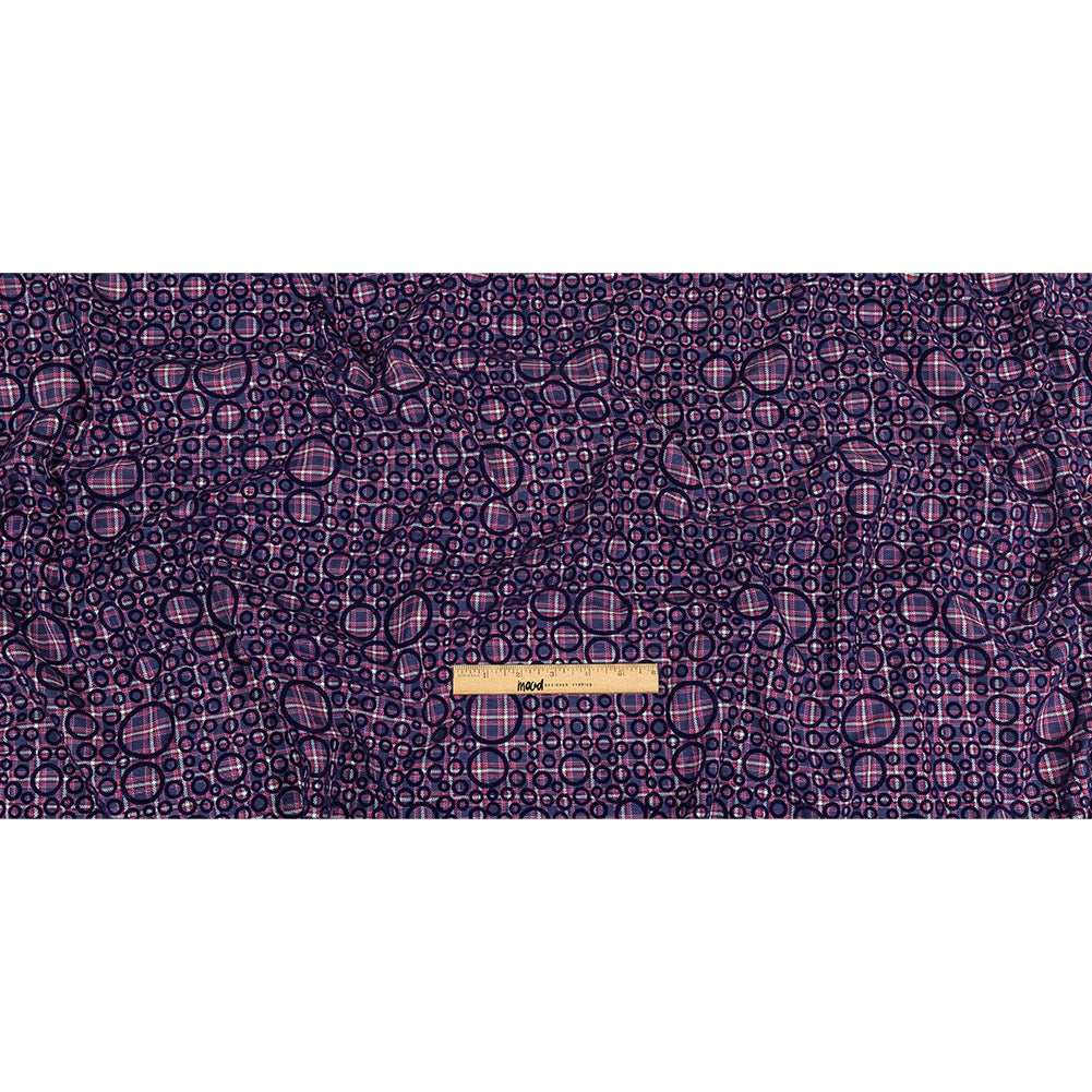 Estate Blue, Red and Navy Flocked Circles on Plaid Rustic Cotton and Polyester Woven Full Estate Blue, Red and Navy Flocked Circles on Plaid Rustic Cotton and Polyester Woven Full