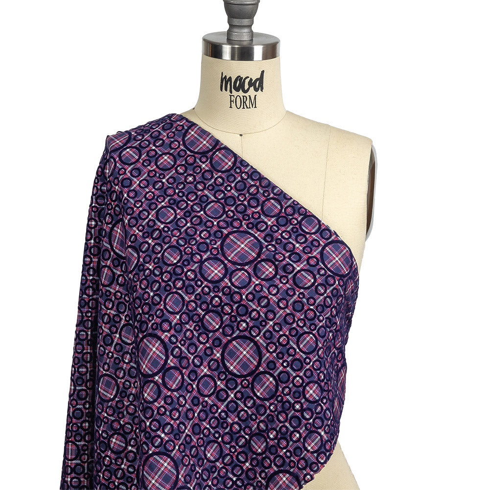 Estate Blue, Red and Navy Flocked Circles on Plaid Rustic Cotton and Polyester Woven Drape Estate Blue, Red and Navy Flocked Circles on Plaid Rustic Cotton and Polyester Woven Drape