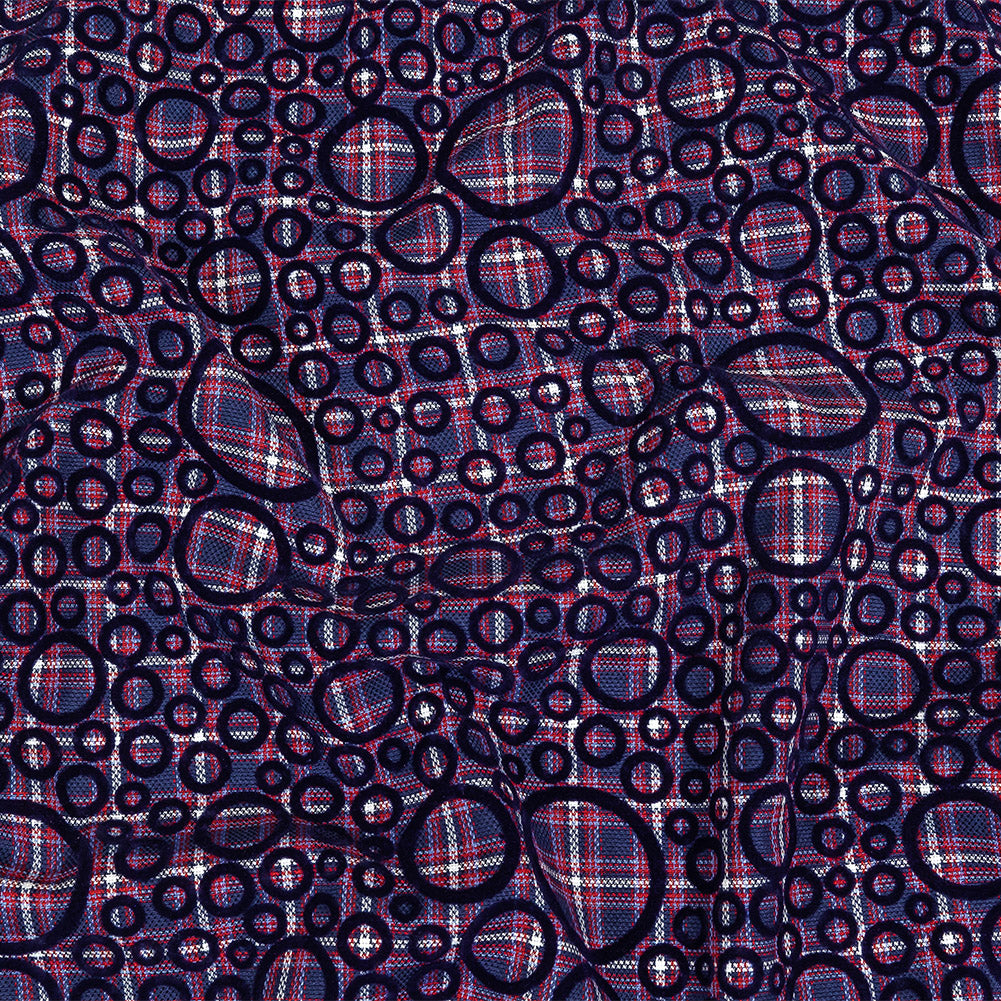 Estate Blue, Red and Navy Flocked Circles on Plaid Rustic Cotton and Polyester Woven Estate Blue, Red and Navy Flocked Circles on Plaid Rustic Cotton and Polyester Woven