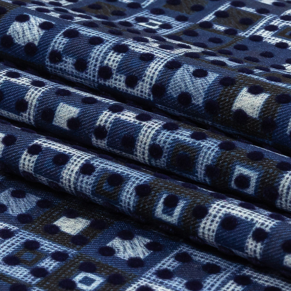 Navy Flocked Polka Dots on White, Twilight Blue and Maritime Blue Squares Stretch Cotton Twill Folded Navy Flocked Polka Dots on White, Twilight Blue and Maritime Blue Squares Stretch Cotton Twill Folded
