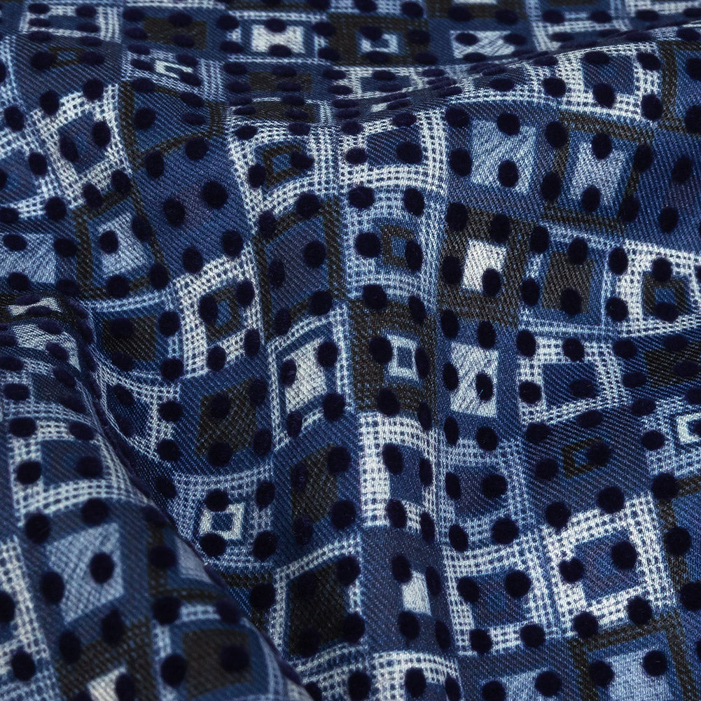 Navy Flocked Polka Dots on White, Twilight Blue and Maritime Blue Squares Stretch Cotton Twill Detail Navy Flocked Polka Dots on White, Twilight Blue and Maritime Blue Squares Stretch Cotton Twill Detail