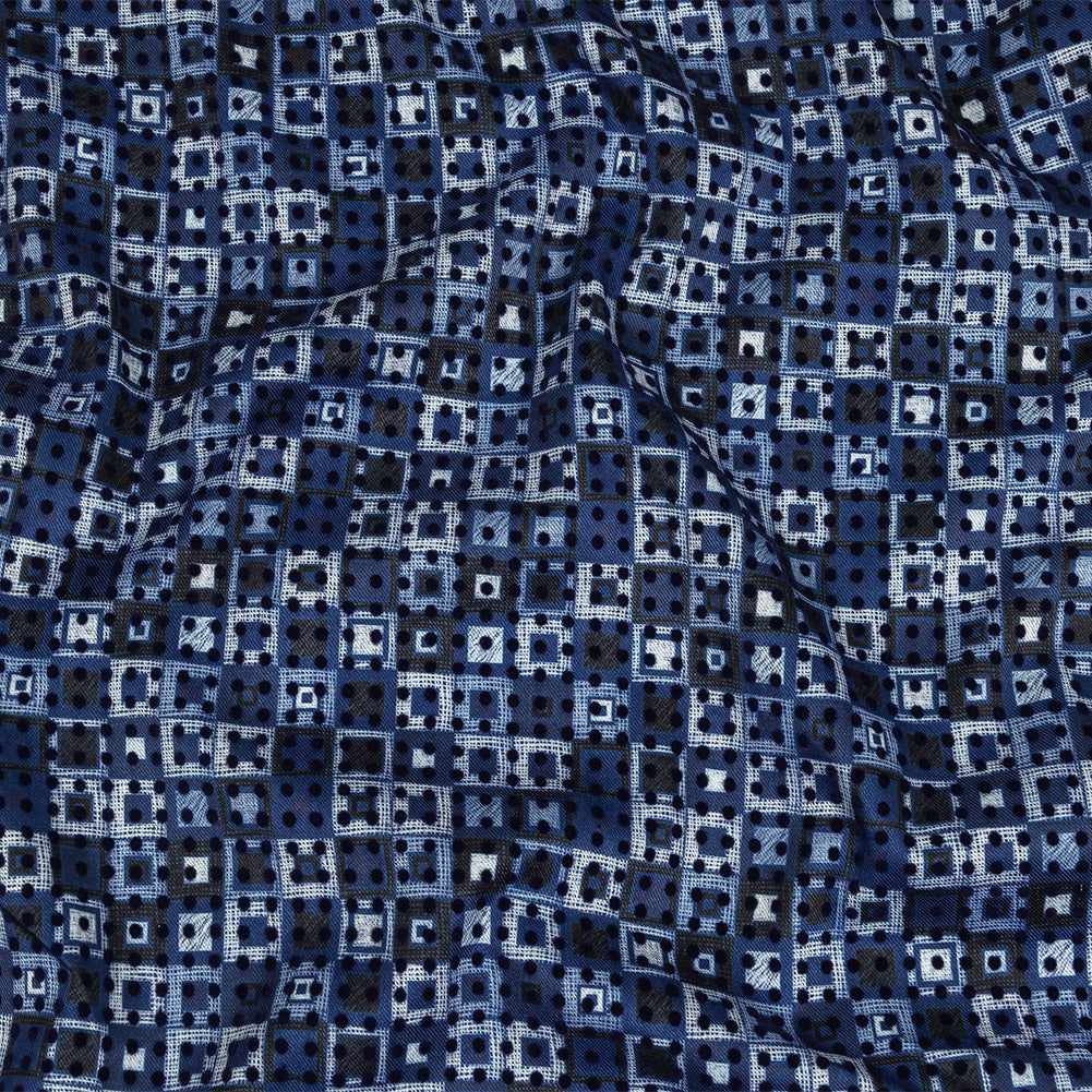 Navy Flocked Polka Dots on White, Twilight Blue and Maritime Blue Squares Stretch Cotton Twill Navy Flocked Polka Dots on White, Twilight Blue and Maritime Blue Squares Stretch Cotton Twill