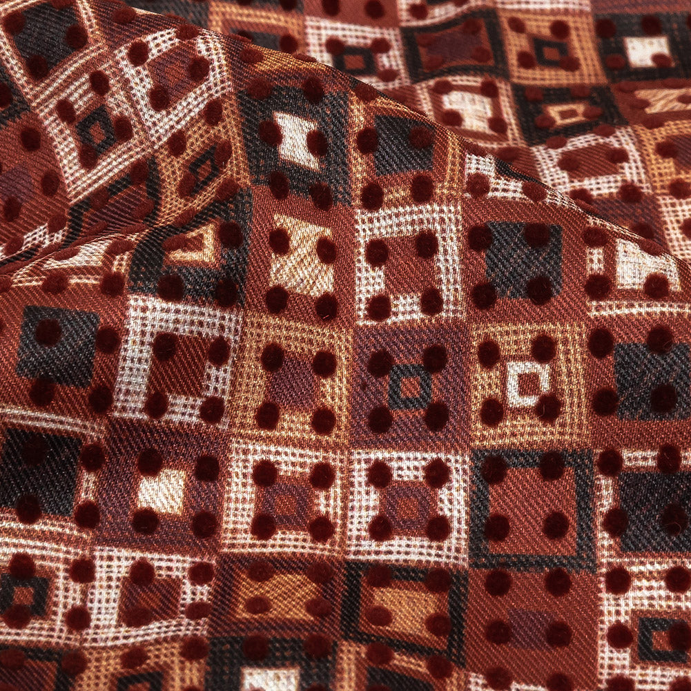 Burgundy Flocked Polka Dots on Russet Brown, Yellow and Black Bean Squares Stretch Cotton Twill Detail Burgundy Flocked Polka Dots on Russet Brown, Yellow and Black Bean Squares Stretch Cotton Twill Detail
