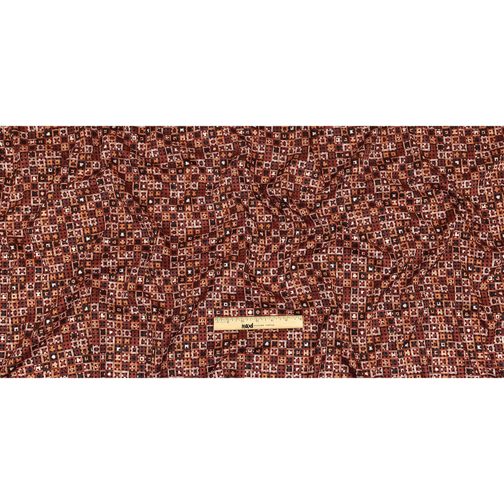 Burgundy Flocked Polka Dots on Russet Brown, Yellow and Black Bean Squares Stretch Cotton Twill Full Burgundy Flocked Polka Dots on Russet Brown, Yellow and Black Bean Squares Stretch Cotton Twill Full