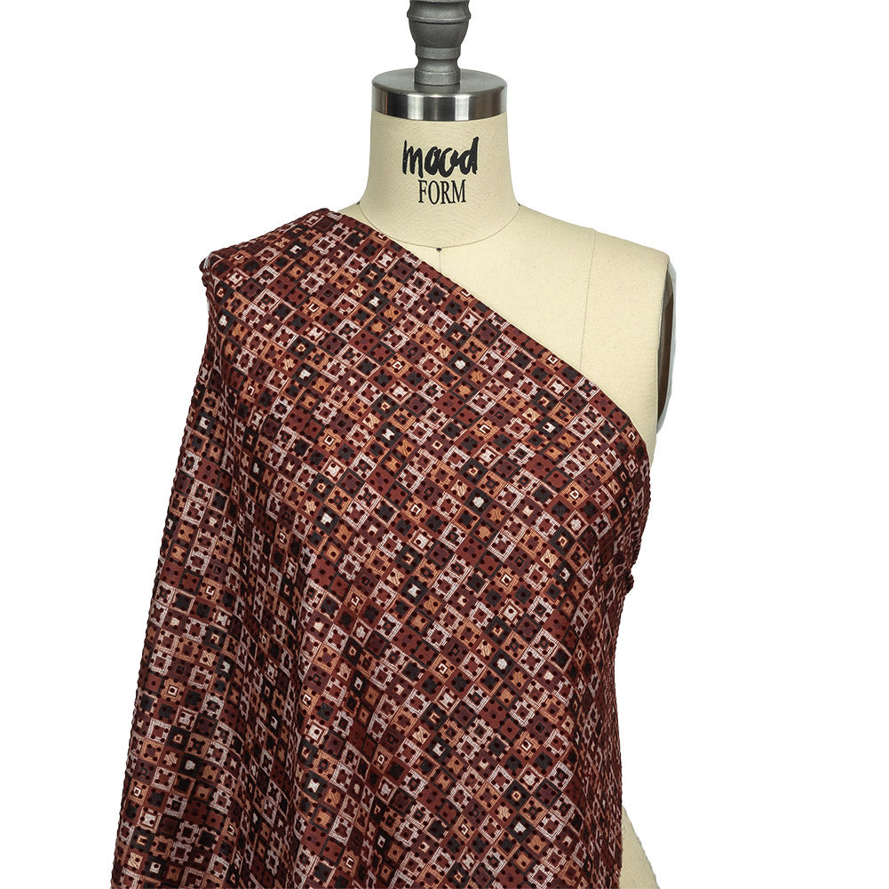 Burgundy Flocked Polka Dots on Russet Brown, Yellow and Black Bean Squares Stretch Cotton Twill Drape Burgundy Flocked Polka Dots on Russet Brown, Yellow and Black Bean Squares Stretch Cotton Twill Drape
