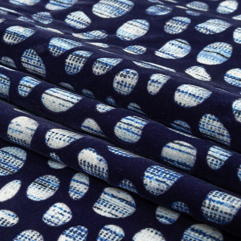 Navy Flocked Bubbles on Blue and White Distressed Stripes Printed Stretch Cotton Twill Folded Navy Flocked Bubbles on Blue and White Distressed Stripes Printed Stretch Cotton Twill Folded