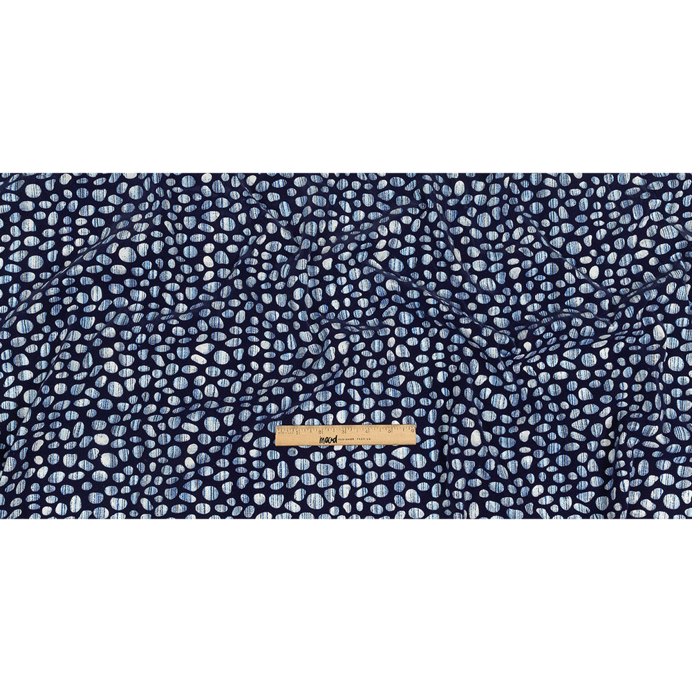 Navy Flocked Bubbles on Blue and White Distressed Stripes Printed Stretch Cotton Twill Full Navy Flocked Bubbles on Blue and White Distressed Stripes Printed Stretch Cotton Twill Full