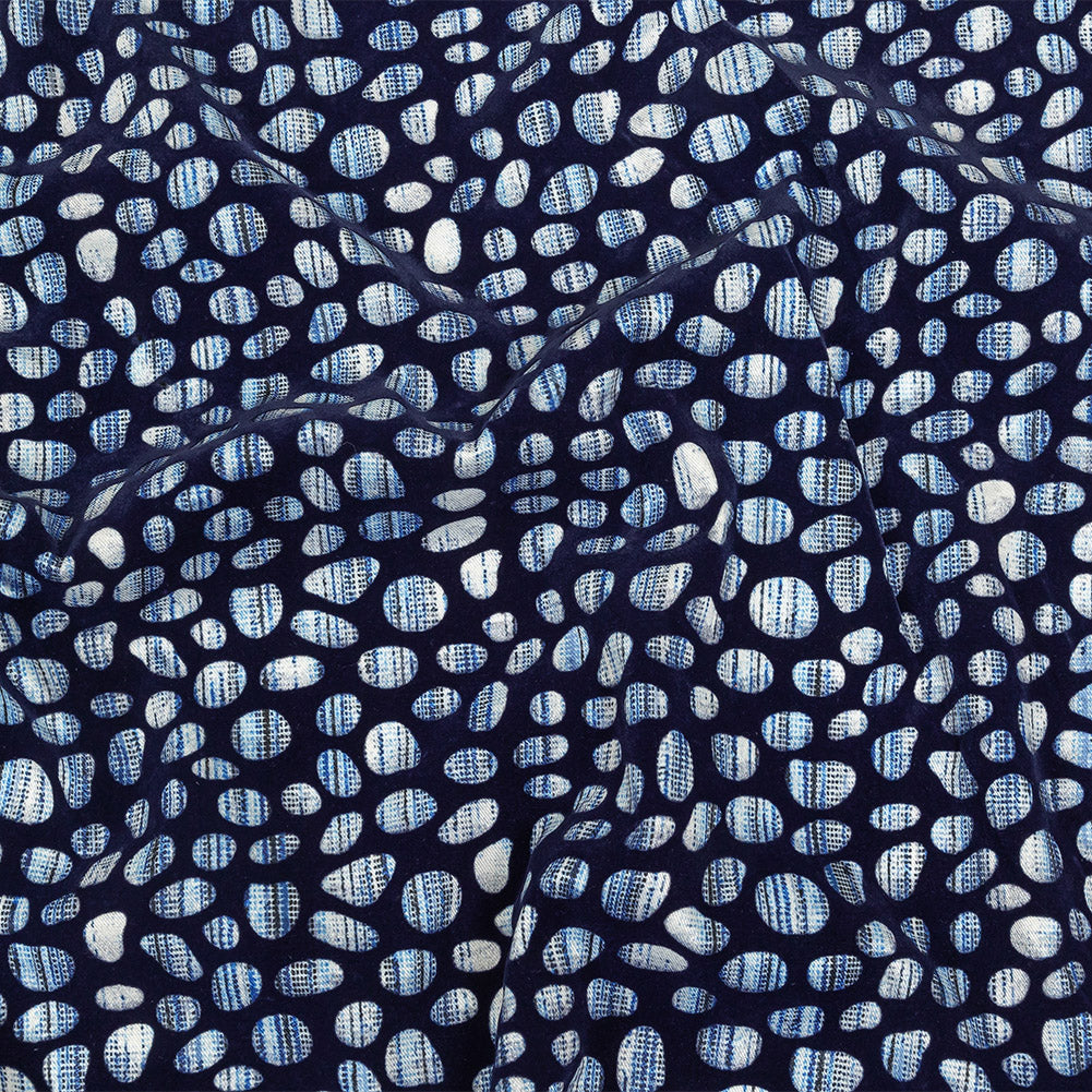 Navy Flocked Bubbles on Blue and White Distressed Stripes Printed Stretch Cotton Twill Navy Flocked Bubbles on Blue and White Distressed Stripes Printed Stretch Cotton Twill