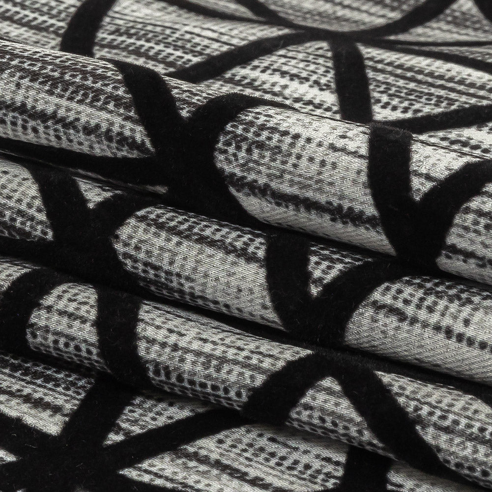 Black Flocked Geometric Web on Gray and White Distressed Stripes Stretch Cotton Twill Full Black Flocked Geometric Web on Gray and White Distressed Stripes Stretch Cotton Twill Full