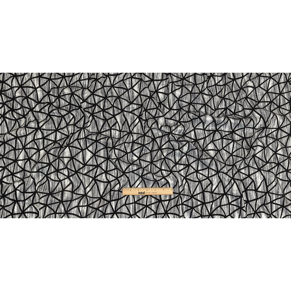 Black Flocked Geometric Web on Gray and White Distressed Stripes Stretch Cotton Twill Drape Black Flocked Geometric Web on Gray and White Distressed Stripes Stretch Cotton Twill Drape