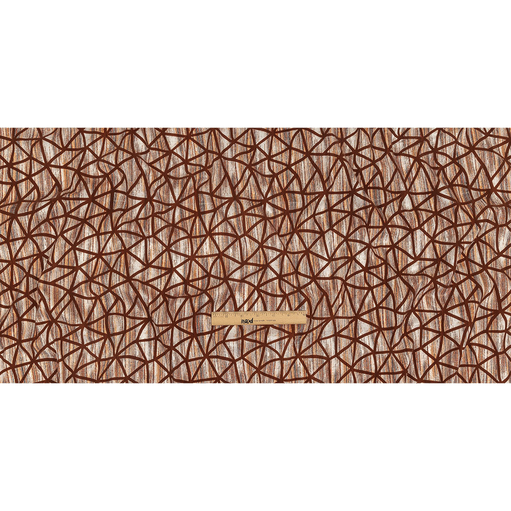 Brown Flocked Geometric Web on Brown, Orange and White Distressed Stripes Stretch Cotton Twill Full Brown Flocked Geometric Web on Brown, Orange and White Distressed Stripes Stretch Cotton Twill Full