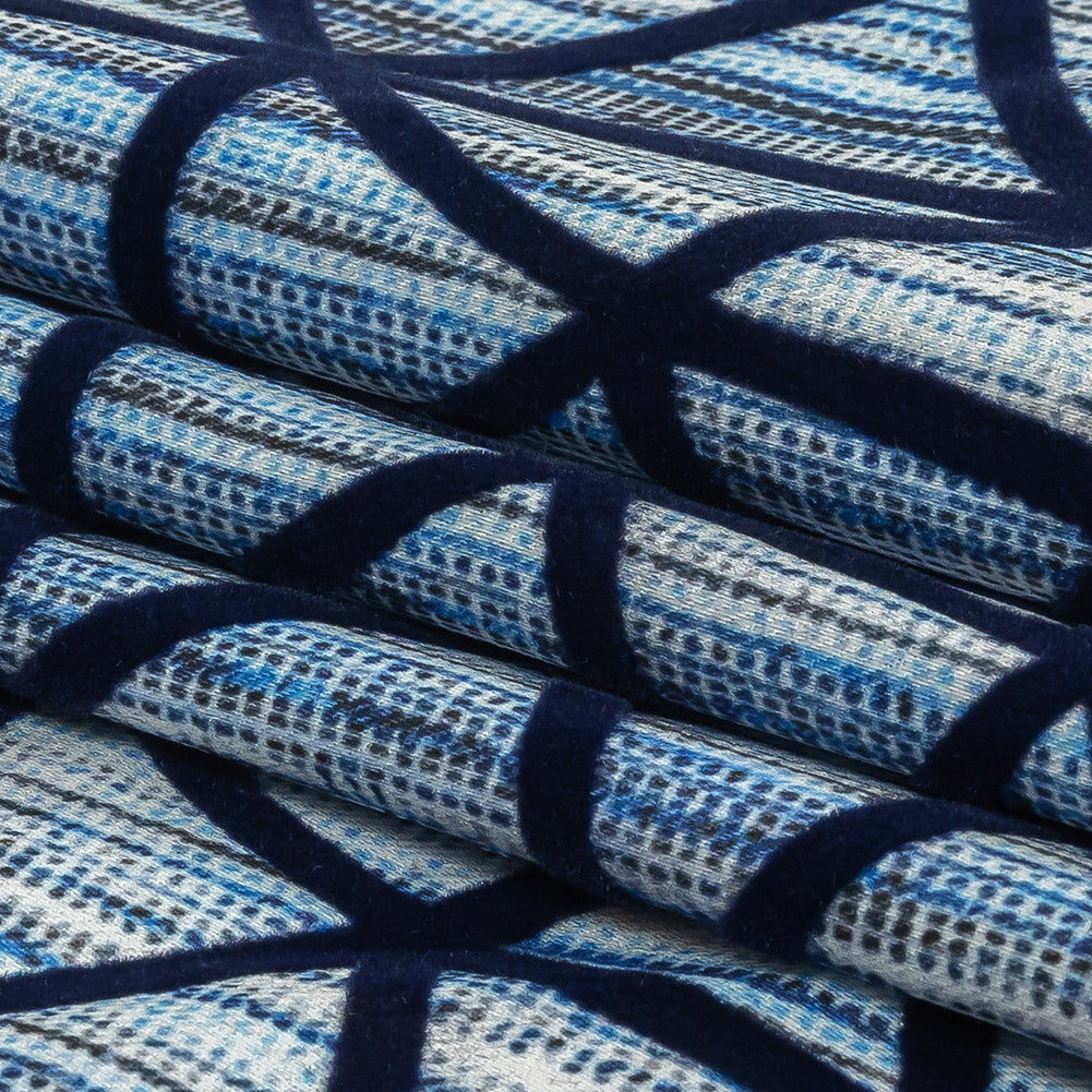 Navy Flocked Geometric Web on Blue and White Distressed Stripes Stretch Cotton Twill Folded Navy Flocked Geometric Web on Blue and White Distressed Stripes Stretch Cotton Twill Folded