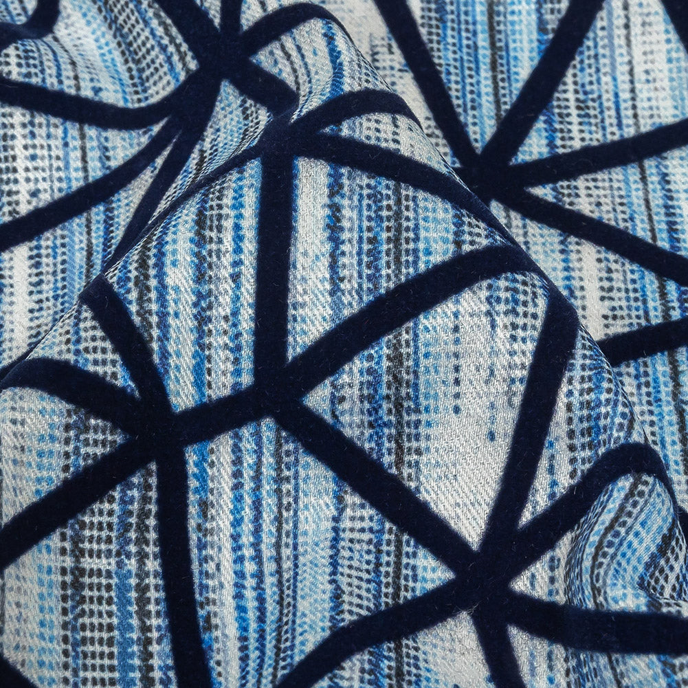 Navy Flocked Geometric Web on Blue and White Distressed Stripes Stretch Cotton Twill Detail Navy Flocked Geometric Web on Blue and White Distressed Stripes Stretch Cotton Twill Detail