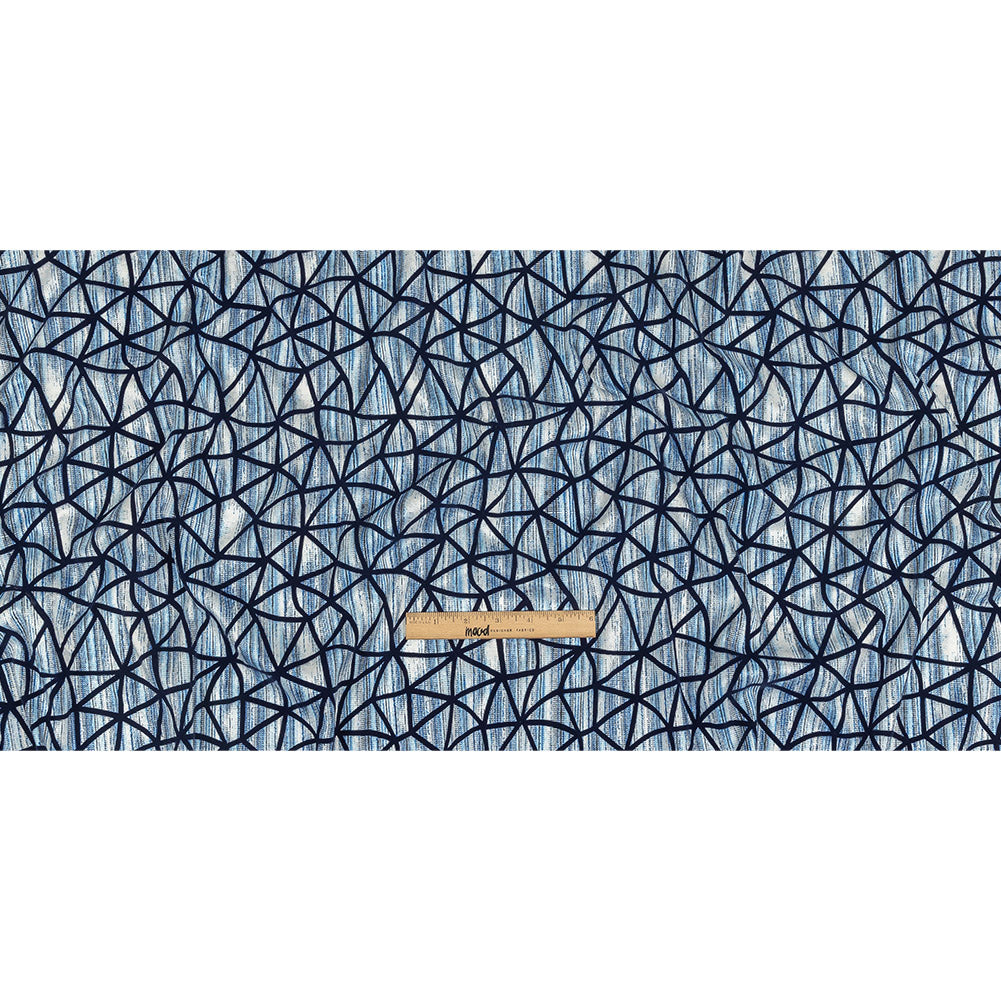 Navy Flocked Geometric Web on Blue and White Distressed Stripes Stretch Cotton Twill Full Navy Flocked Geometric Web on Blue and White Distressed Stripes Stretch Cotton Twill Full