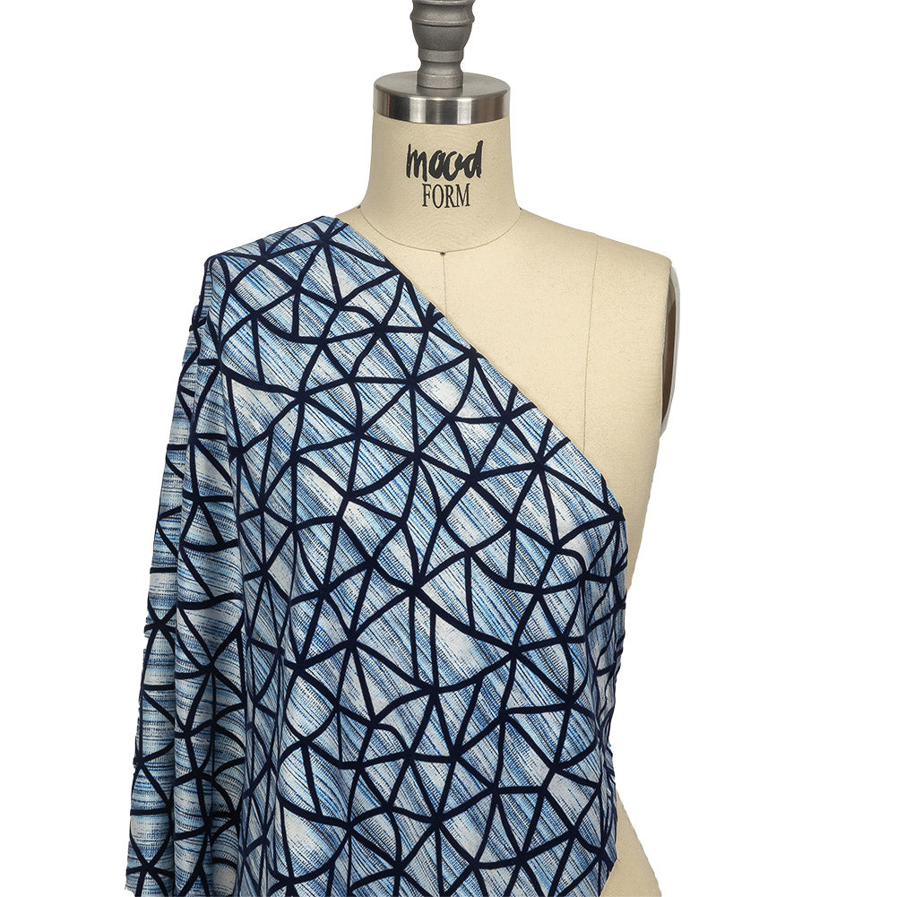 Navy Flocked Geometric Web on Blue and White Distressed Stripes Stretch Cotton Twill Drape Navy Flocked Geometric Web on Blue and White Distressed Stripes Stretch Cotton Twill Drape