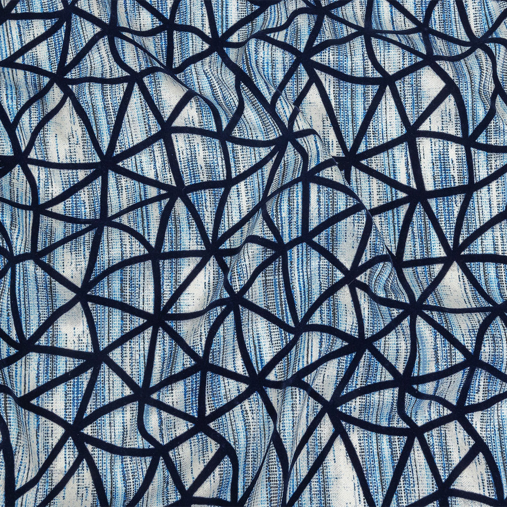 Navy Flocked Geometric Web on Blue and White Distressed Stripes Stretch Cotton Twill Navy Flocked Geometric Web on Blue and White Distressed Stripes Stretch Cotton Twill