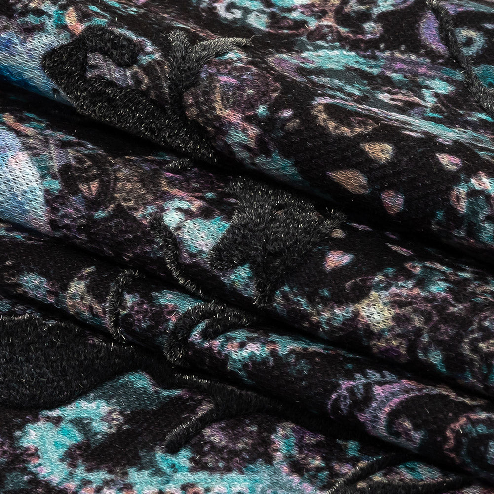 Blue Graphite Flocked Flower Vines on Gray, Blue and Pink Jacobean Cotton and Polyester Knit Pique Folded Blue Graphite Flocked Flower Vines on Gray, Blue and Pink Jacobean Cotton and Polyester Knit Pique Folded