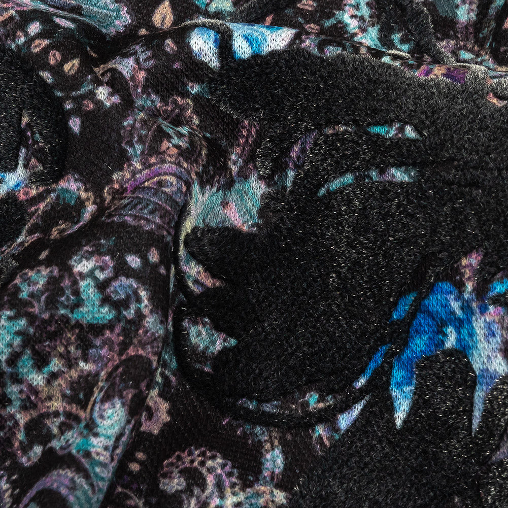 Blue Graphite Flocked Flower Vines on Gray, Blue and Pink Jacobean Cotton and Polyester Knit Pique Detail Blue Graphite Flocked Flower Vines on Gray, Blue and Pink Jacobean Cotton and Polyester Knit Pique Detail