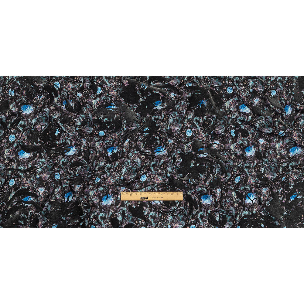 Blue Graphite Flocked Flower Vines on Gray, Blue and Pink Jacobean Cotton and Polyester Knit Pique Full Blue Graphite Flocked Flower Vines on Gray, Blue and Pink Jacobean Cotton and Polyester Knit Pique Full