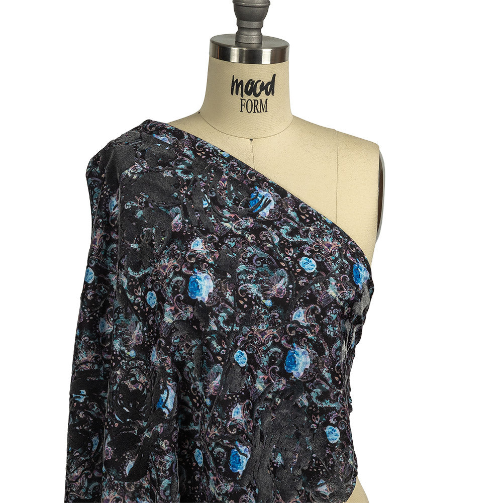 Blue Graphite Flocked Flower Vines on Gray, Blue and Pink Jacobean Cotton and Polyester Knit Pique Drape Blue Graphite Flocked Flower Vines on Gray, Blue and Pink Jacobean Cotton and Polyester Knit Pique Drape
