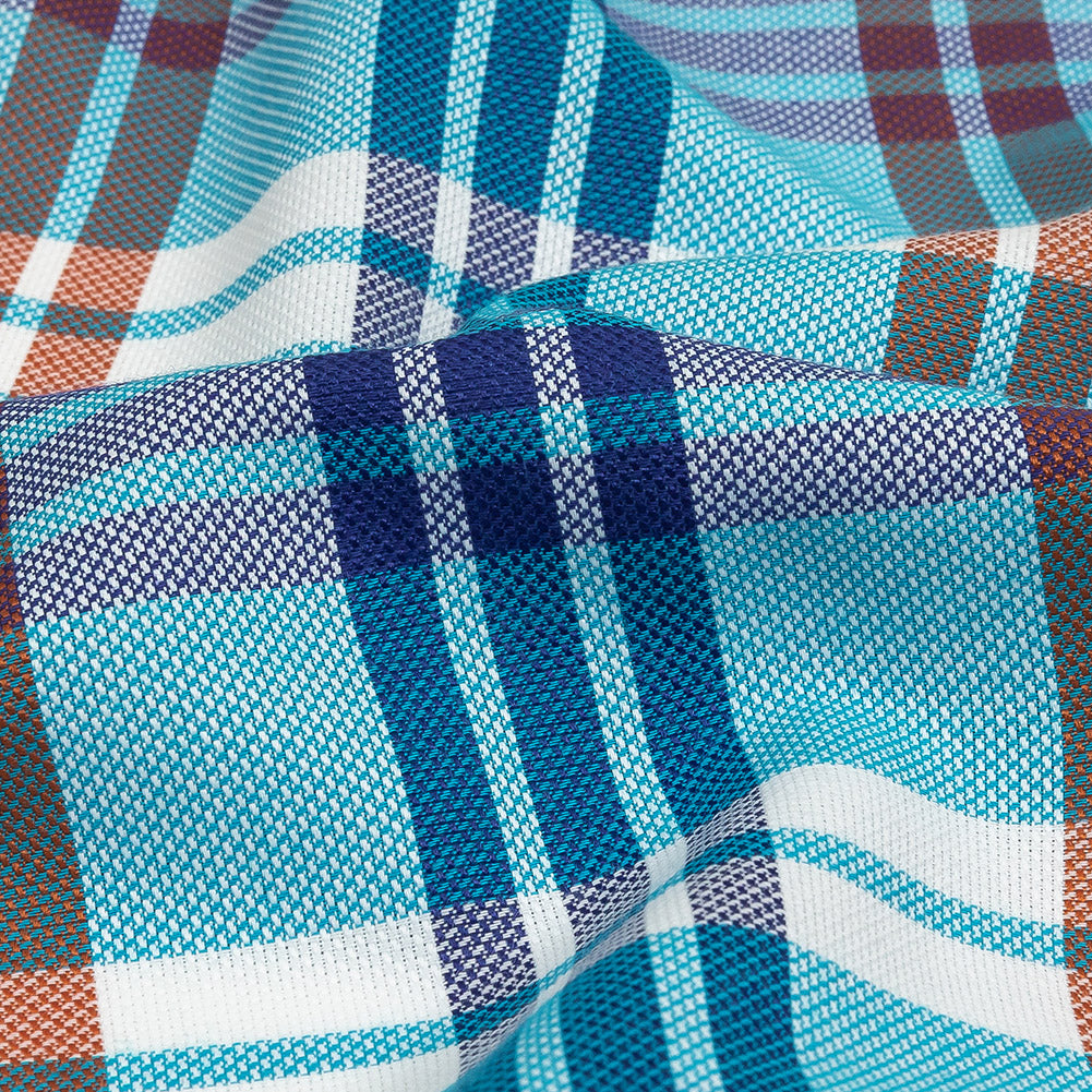 Blue, Orange and White Plaid Cotton and Polyester Dobby Detail Blue, Orange and White Plaid Cotton and Polyester Dobby Detail