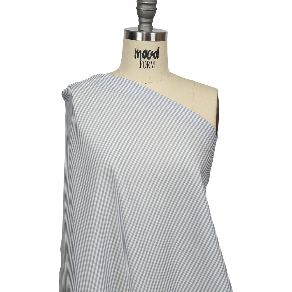 White and Blue Gray Candy Striped Cotton and Polyester Shirting Drape White and Blue Gray Candy Striped Cotton and Polyester Shirting Drape