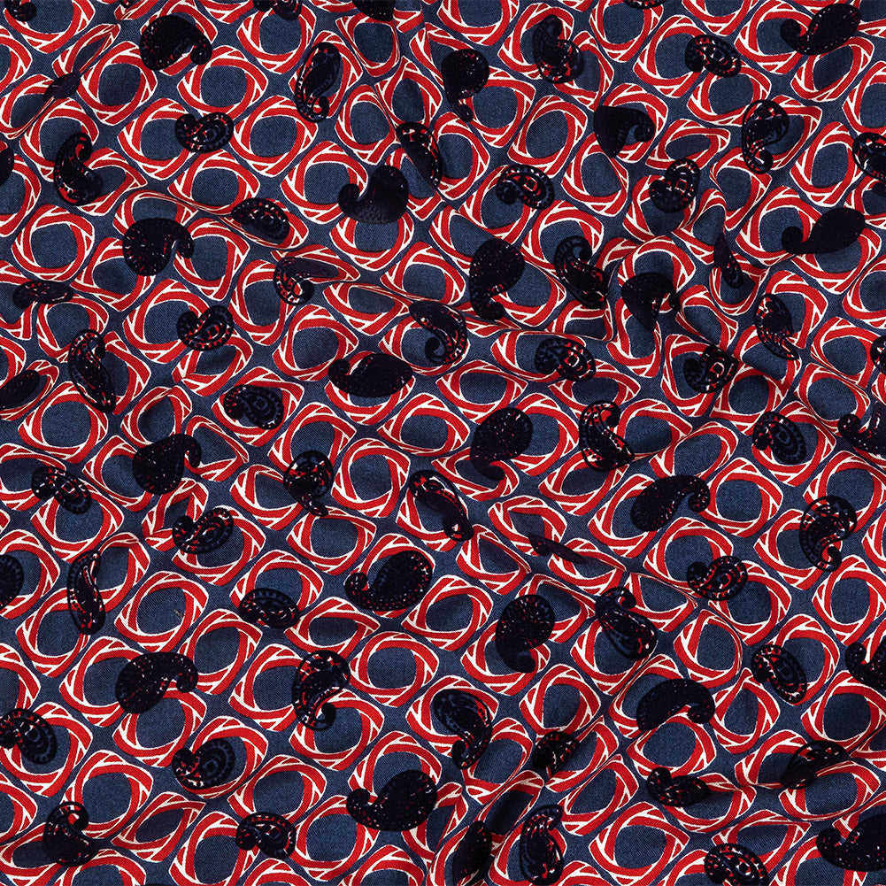 Salsa and Navy Flocked Paisley on Twisted Squares Printed Viscose Woven Salsa and Navy Flocked Paisley on Twisted Squares Printed Viscose Woven