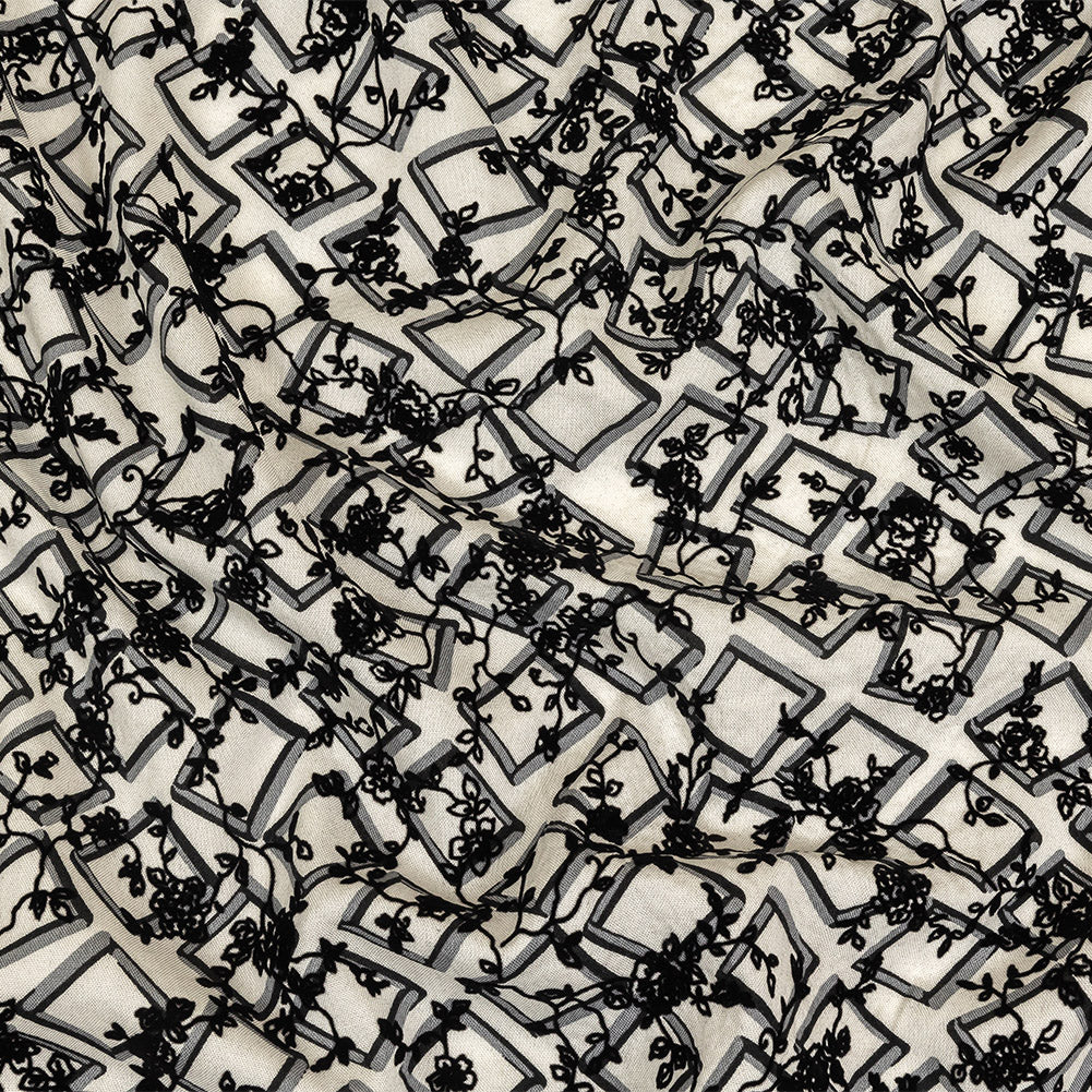 Black and White Flocked Florals on Tossed Squares Printed Viscose Woven Black and White Flocked Florals on Tossed Squares Printed Viscose Woven