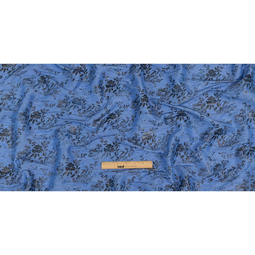 Bright Blue and Gray Foiled Flowers Striated Stretch Cotton Woven Full Bright Blue and Gray Foiled Flowers Striated Stretch Cotton Woven Full