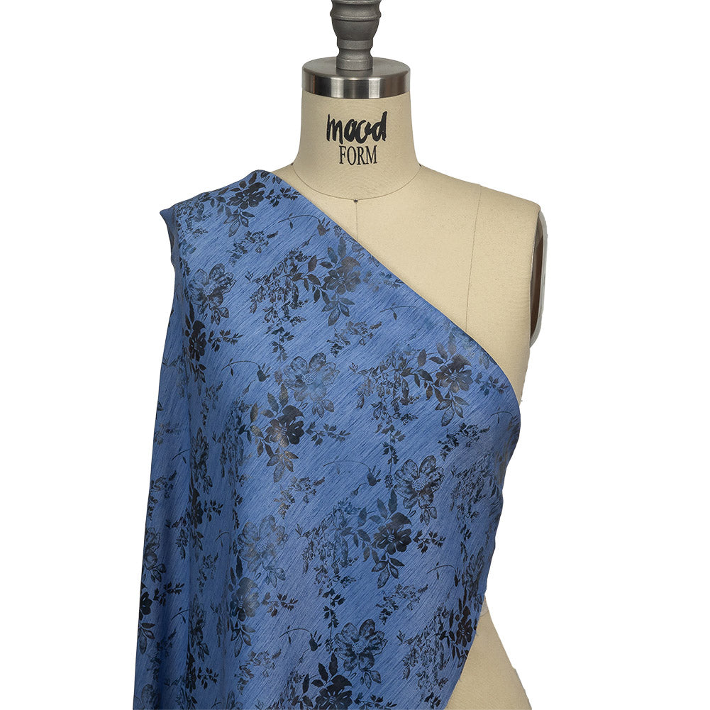 Bright Blue and Gray Foiled Flowers Striated Stretch Cotton Woven Drape Bright Blue and Gray Foiled Flowers Striated Stretch Cotton Woven Drape