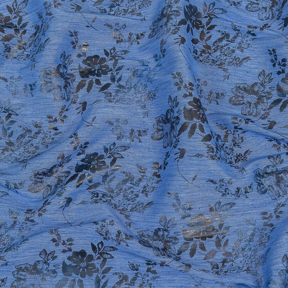 Bright Blue and Gray Foiled Flowers Striated Stretch Cotton Woven Bright Blue and Gray Foiled Flowers Striated Stretch Cotton Woven