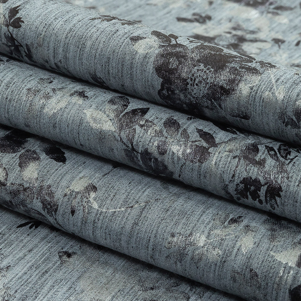 Steel Blue, Silver and Gunmetal Foiled Flowers Striated Stretch Cotton Woven Folded Steel Blue, Silver and Gunmetal Foiled Flowers Striated Stretch Cotton Woven Folded