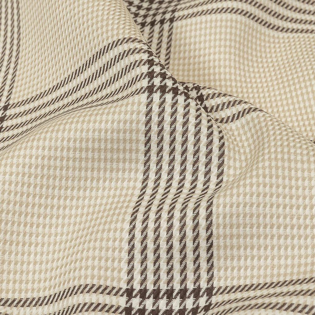 Beige, Brown and White Glen Plaid Twill Cotton Shirting Detail Beige, Brown and White Glen Plaid Twill Cotton Shirting Detail