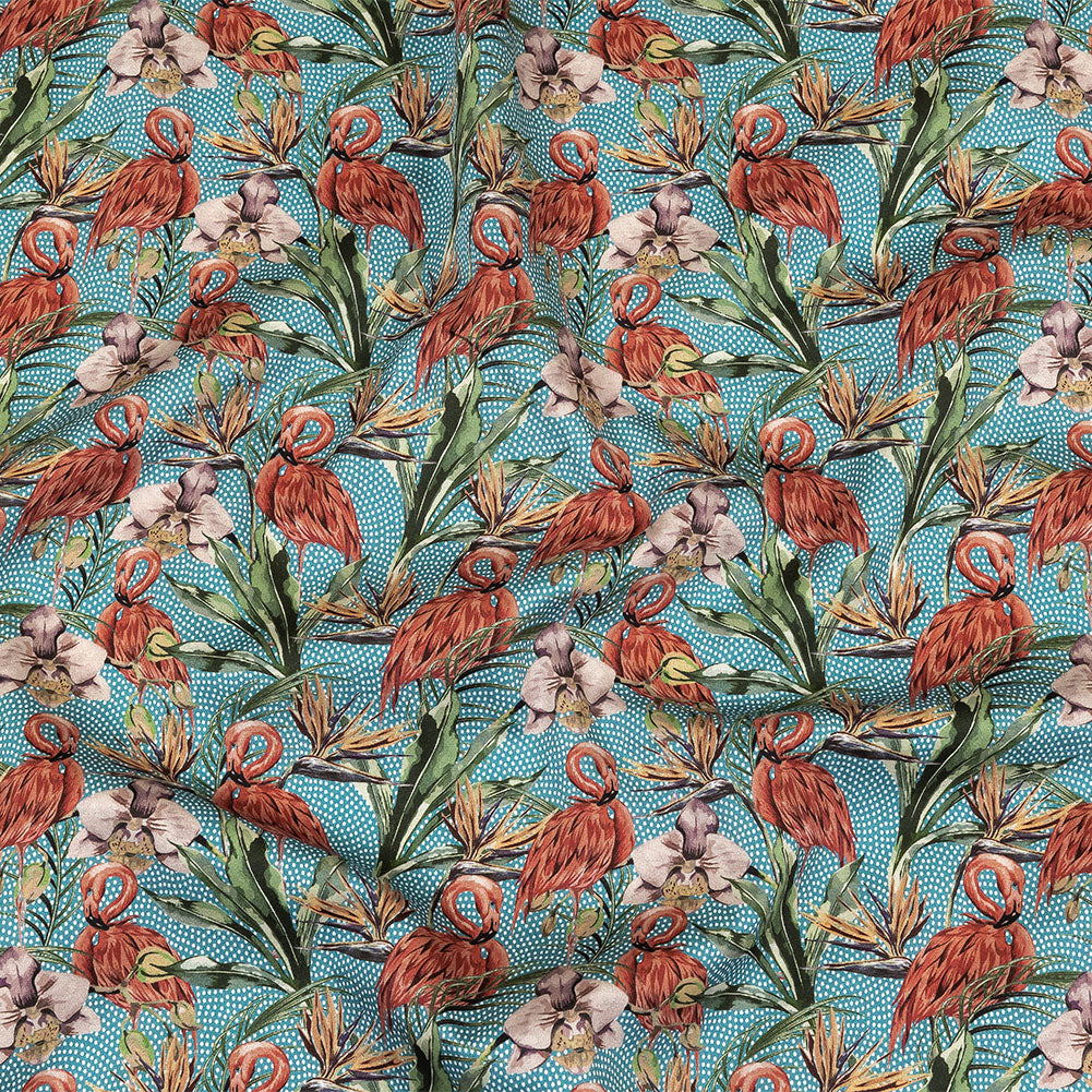 Pink, Green and Blue Flamingos and Foliage Cotton Shirting Pink, Green and Blue Flamingos and Foliage Cotton Shirting