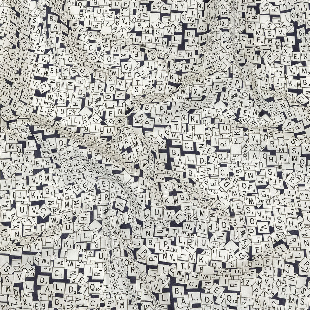 Navy Blazer, Vulcan and Snow White Word Game Tiles Stretch Cotton Shirting Navy Blazer, Vulcan and Snow White Word Game Tiles Stretch Cotton Shirting