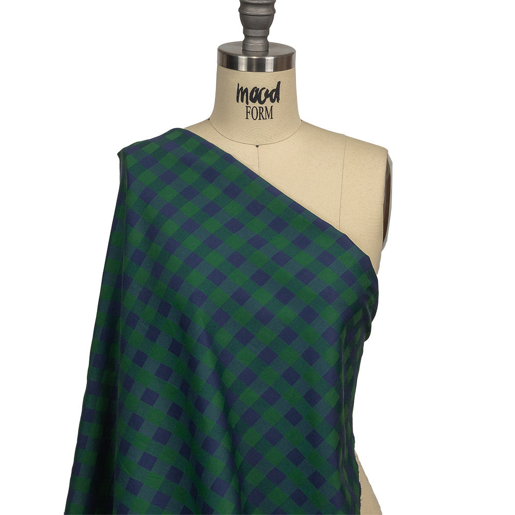 Blue and Green Checkered Cotton and Polyester Dobby Drape Blue and Green Checkered Cotton and Polyester Dobby Drape