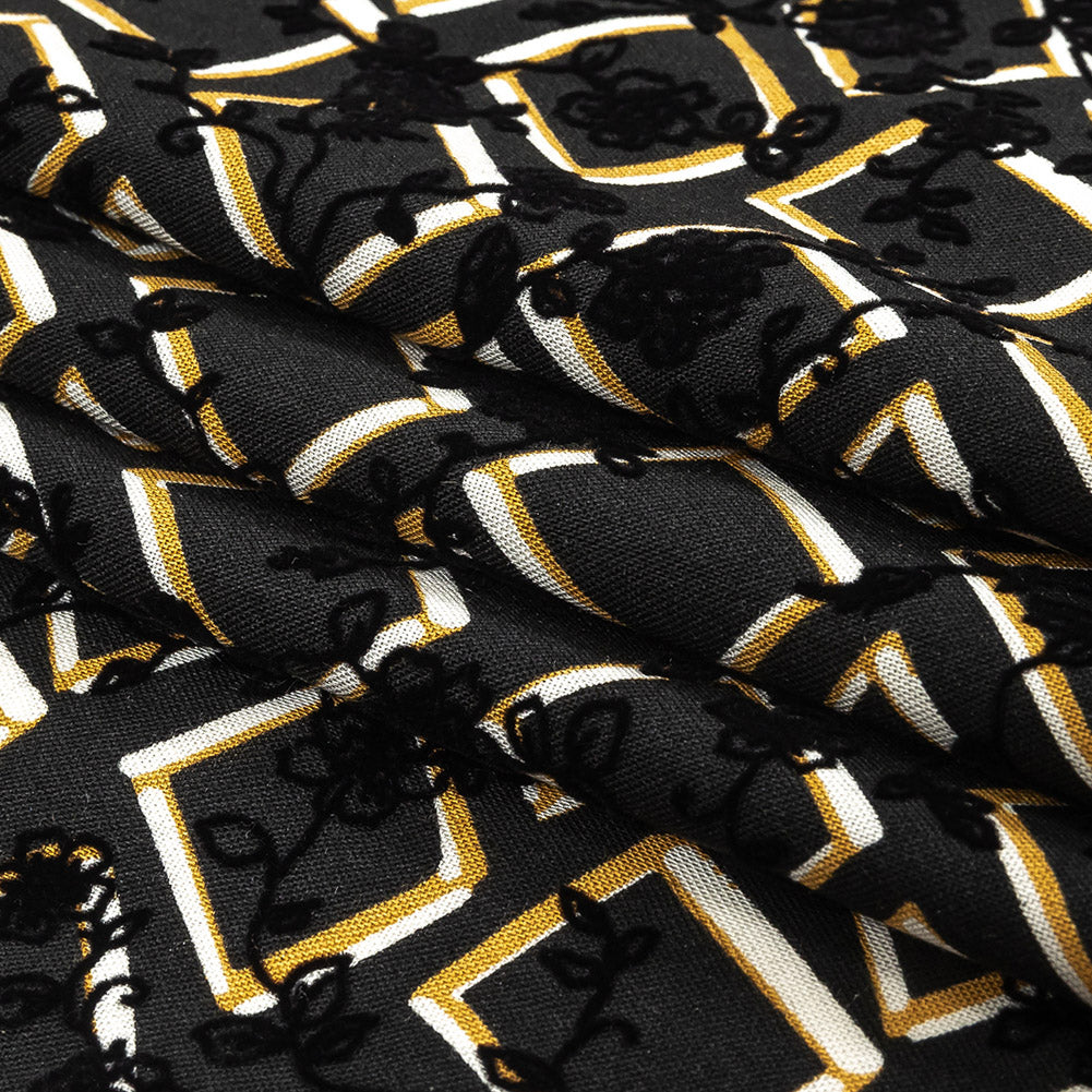 Black, White and Spruce Yellow Flocked Florals on Tossed Squares Printed Viscose Woven Folded Black, White and Spruce Yellow Flocked Florals on Tossed Squares Printed Viscose Woven Folded