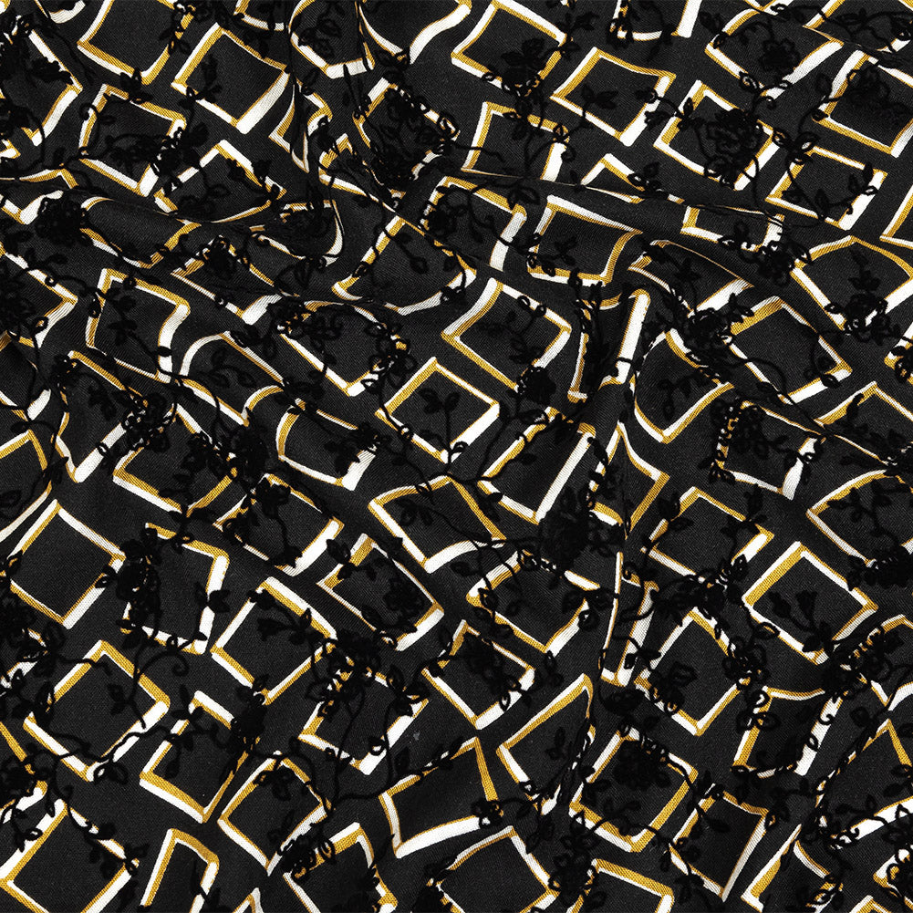 Black, White and Spruce Yellow Flocked Florals on Tossed Squares Printed Viscose Woven Black, White and Spruce Yellow Flocked Florals on Tossed Squares Printed Viscose Woven