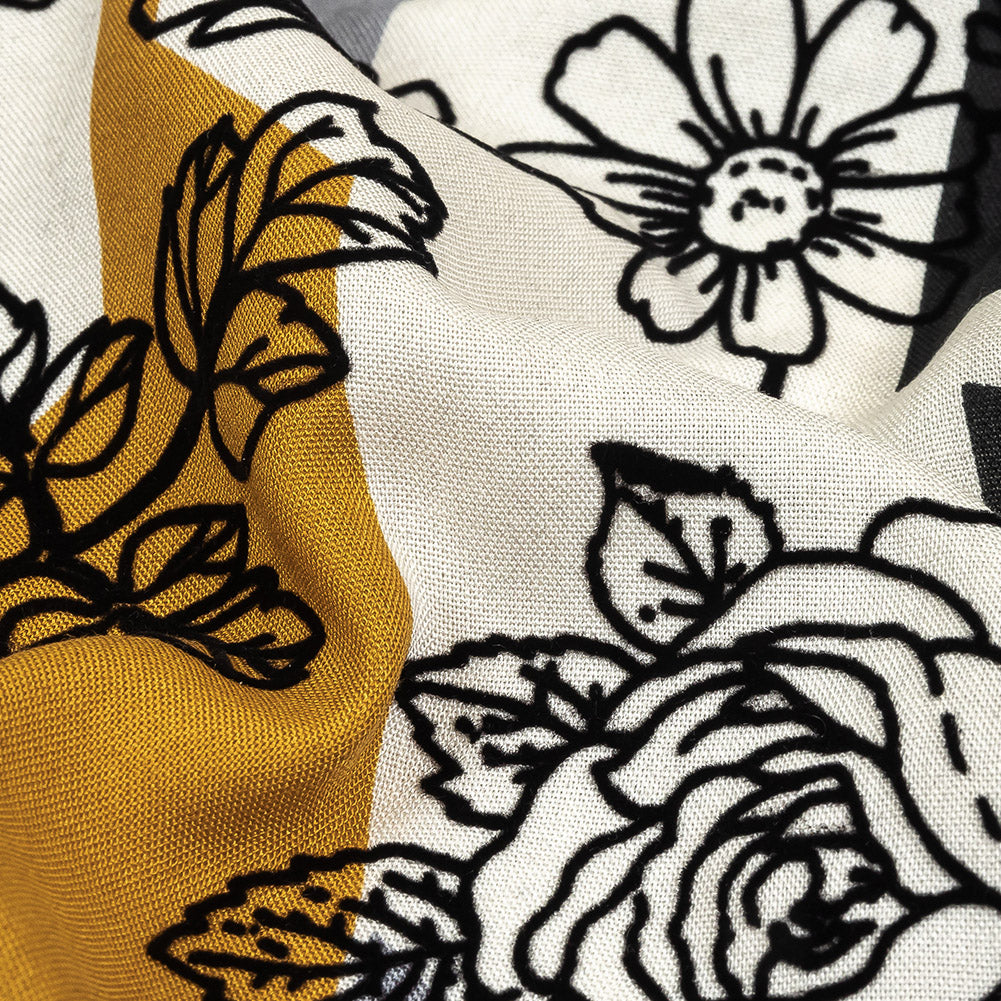 Black, Gray and Harvest Gold Flocked Flowers on Geometric Printed Viscose Woven Detail Black, Gray and Harvest Gold Flocked Flowers on Geometric Printed Viscose Woven Detail