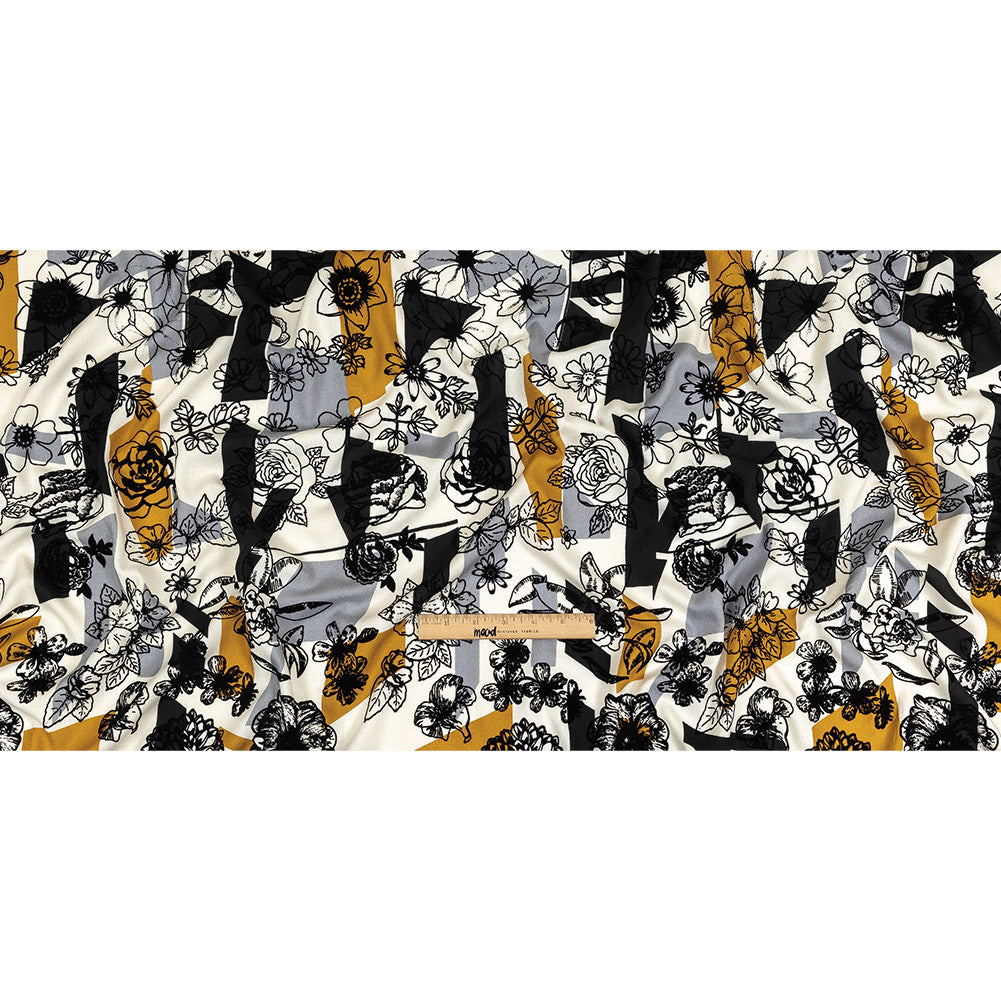 Black, Gray and Harvest Gold Flocked Flowers on Geometric Printed Viscose Woven Full Black, Gray and Harvest Gold Flocked Flowers on Geometric Printed Viscose Woven Full