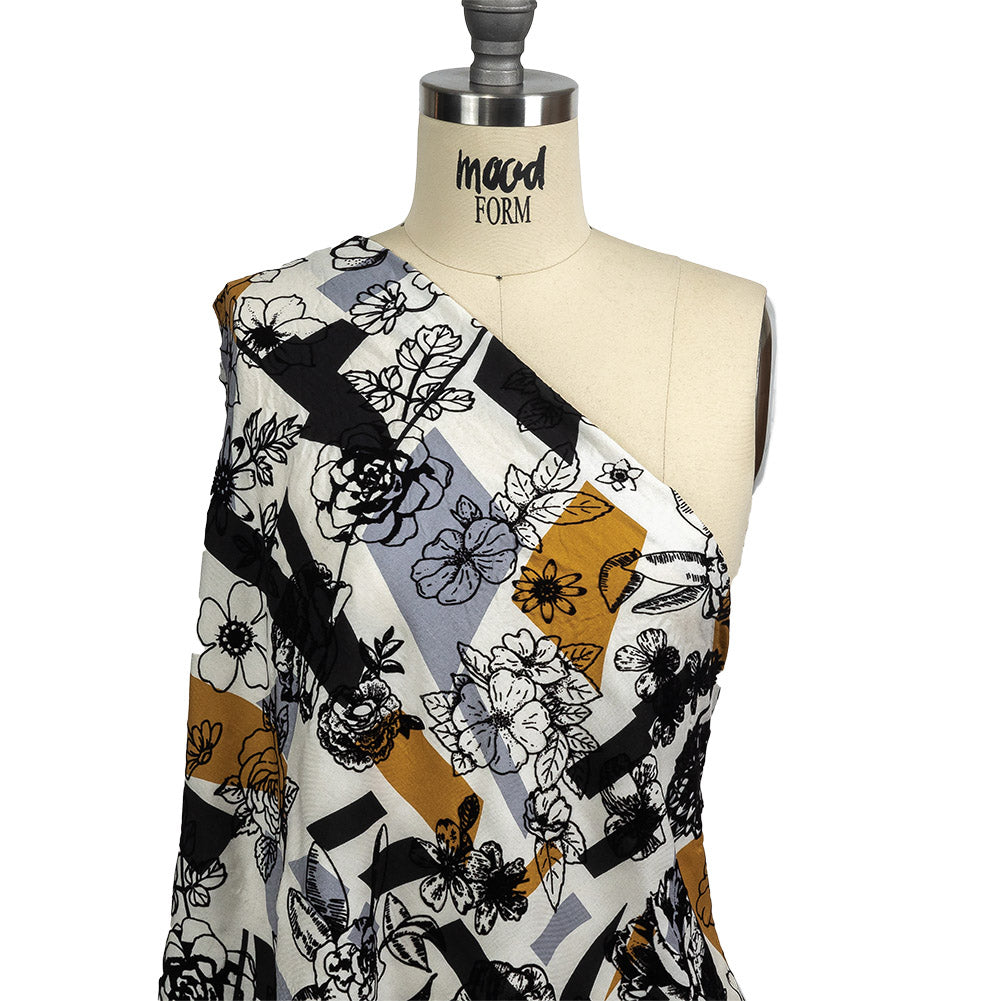 Black, Gray and Harvest Gold Flocked Flowers on Geometric Printed Viscose Woven Drape Black, Gray and Harvest Gold Flocked Flowers on Geometric Printed Viscose Woven Drape