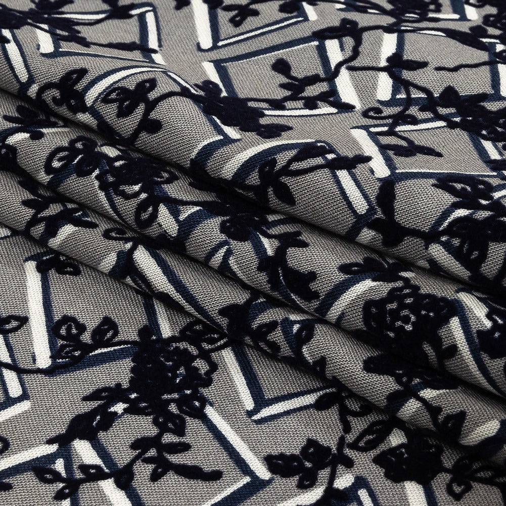 Gray, White and Navy Flocked Florals on Tossed Squares Printed Viscose Woven Folded Gray, White and Navy Flocked Florals on Tossed Squares Printed Viscose Woven Folded