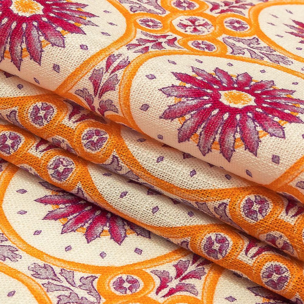 Viscose and Linen Woven Print - Magenta and Orange Floral Tiles - Mood Exclusive Sao Bento Folded Viscose and Linen Woven Print - Magenta and Orange Floral Tiles - Mood Exclusive Sao Bento Folded