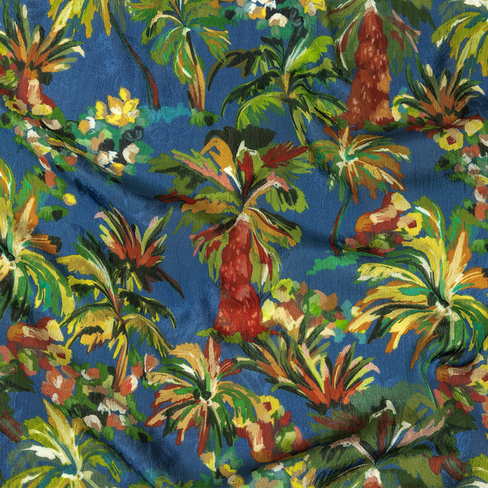 Crinkled Leafy Polyester Jacquard Print - Galaxy Blue, Green and Red Palm Trees - Mood Exclusive Beach Babe Crinkled Leafy Polyester Jacquard Print - Galaxy Blue, Green and Red Palm Trees - Mood Exclusive Beach Babe
