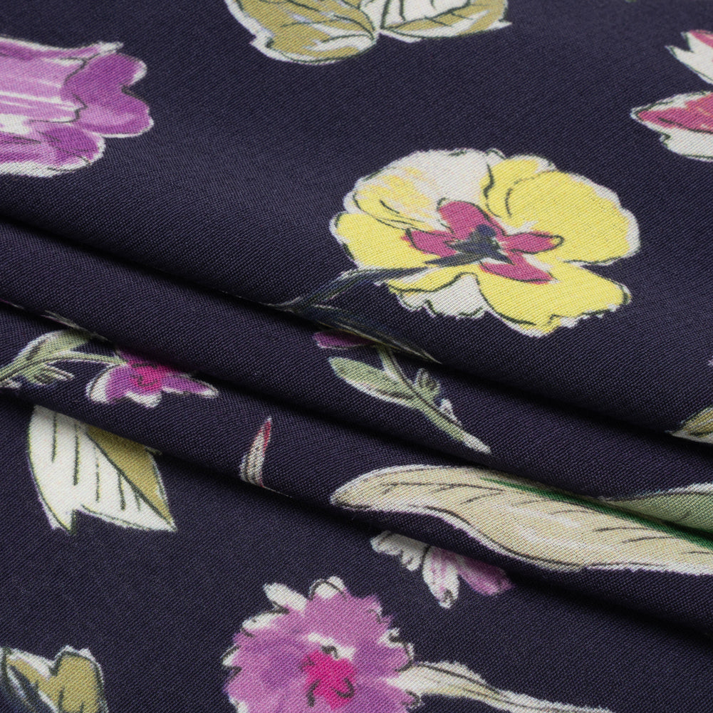 Sustainable Viscose Crepe Print - Purple, Navy, and Yellow Floral - Mood Exclusive Tulip Fever Folded Sustainable Viscose Crepe Print - Purple, Navy, and Yellow Floral - Mood Exclusive Tulip Fever Folded