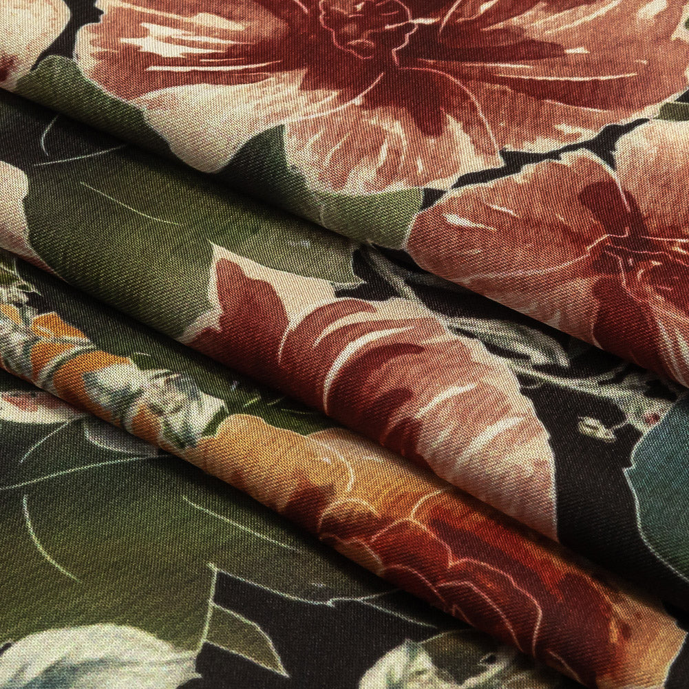 Polyester Charmeuse Print - Black, Red and Blue Floral - Mood Exclusive Misty Morning Folded Polyester Charmeuse Print - Black, Red and Blue Floral - Mood Exclusive Misty Morning Folded