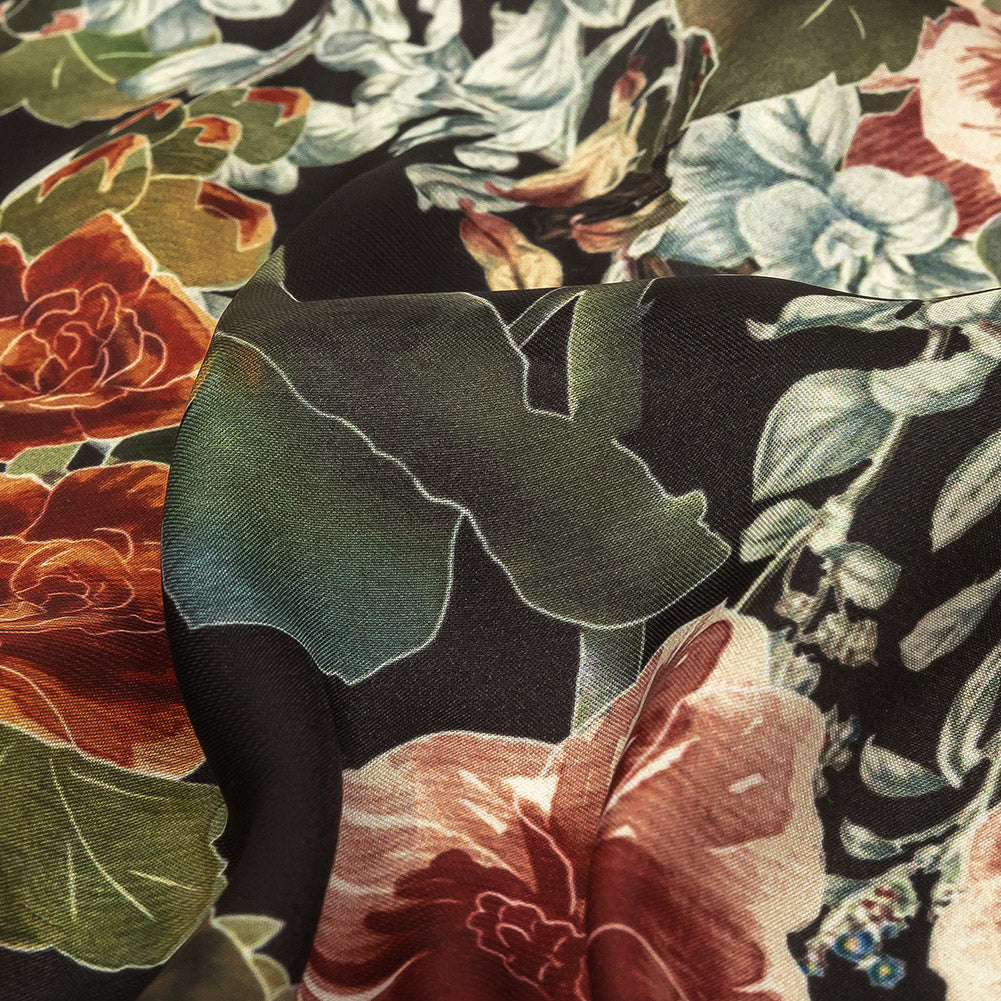 Polyester Charmeuse Print - Black, Red and Blue Floral - Mood Exclusive Misty Morning Detail Polyester Charmeuse Print - Black, Red and Blue Floral - Mood Exclusive Misty Morning Detail